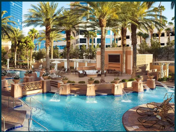 Palm-lined luxury resort pool in Las Vegas