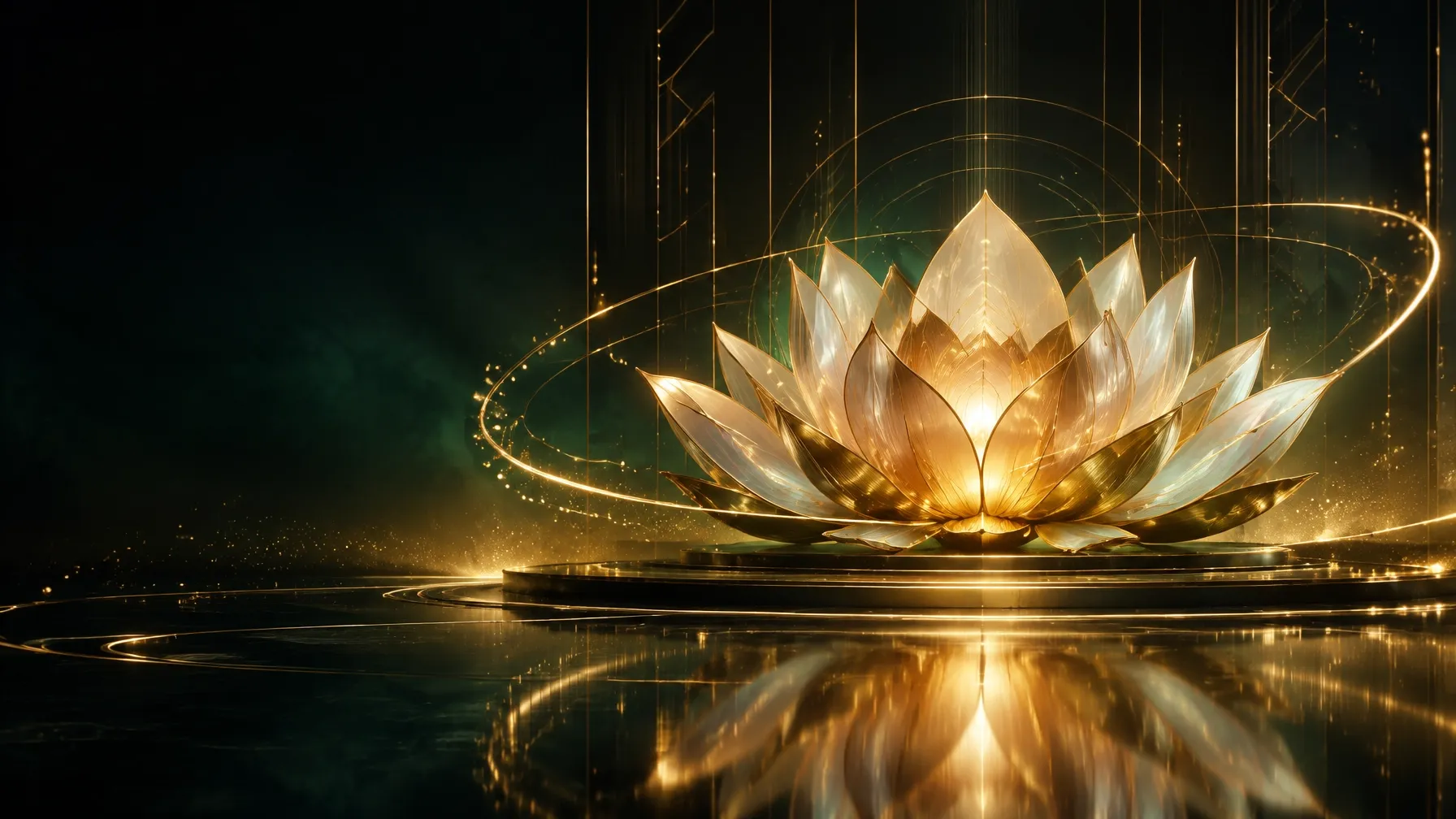 Glowing golden lotus sculpture on a dark ballroom stage with orbiting light arcs