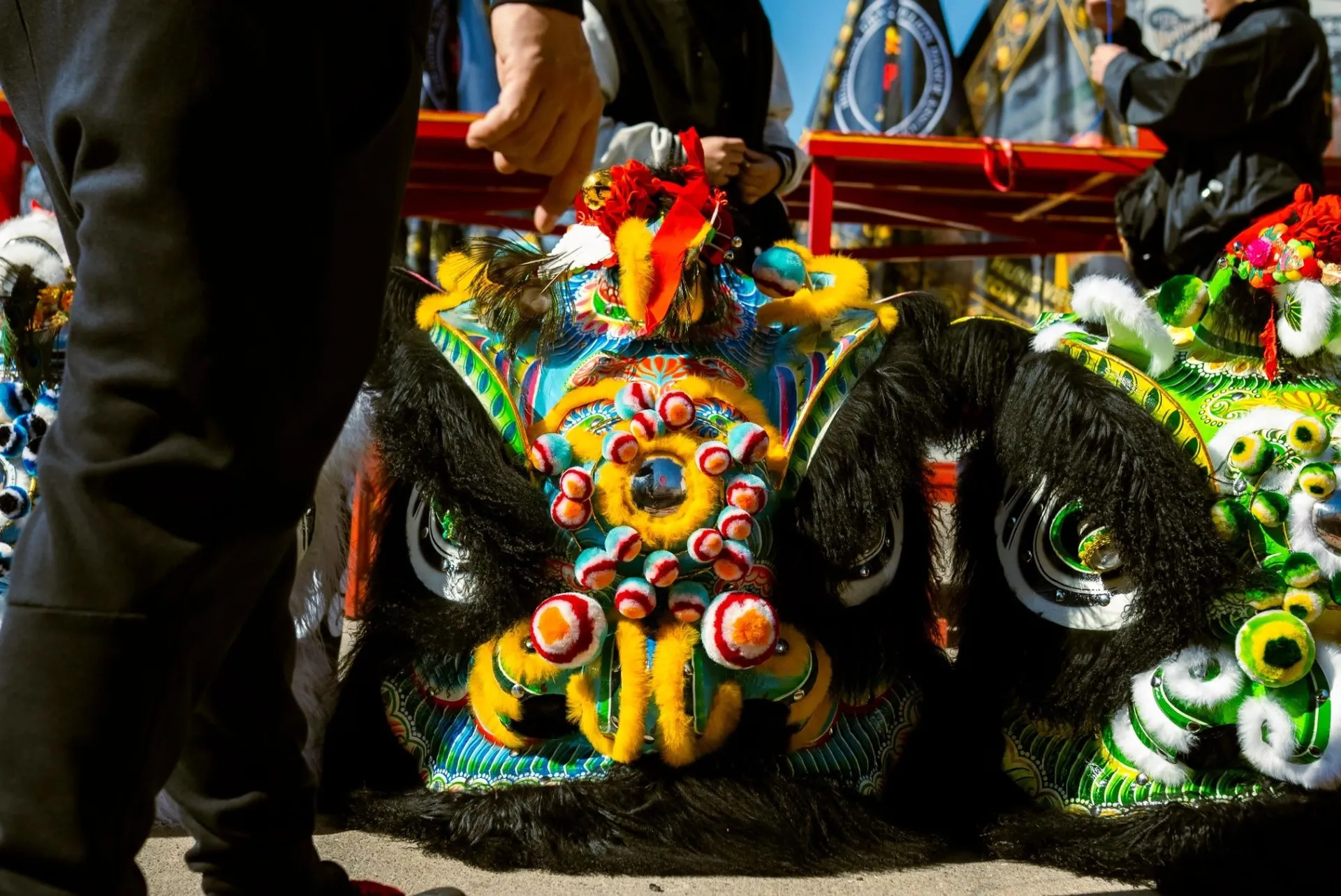 A close view of a traditional lion dance costume
